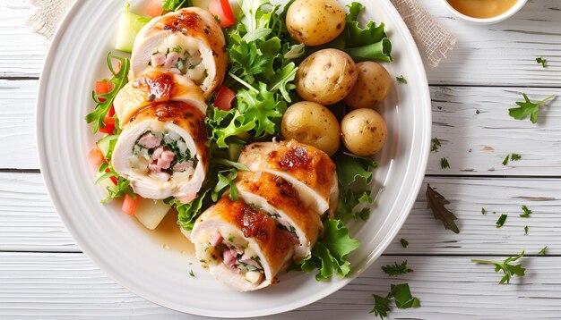 white plate with stuffed chicken roll slices stuffed with cheese and ham green leaves salad few baby potatoes and gravy sauce on white wooden background top view