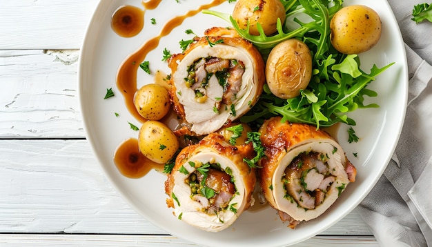 white plate with stuffed chicken roll slices stuffed with cheese and ham green leaves salad few baby potatoes and gravy sauce on white wooden background top view