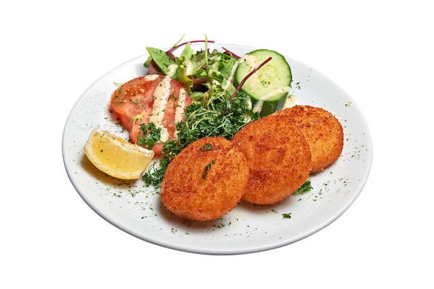 White plate with three Cheese croquettes ans salad Isolated