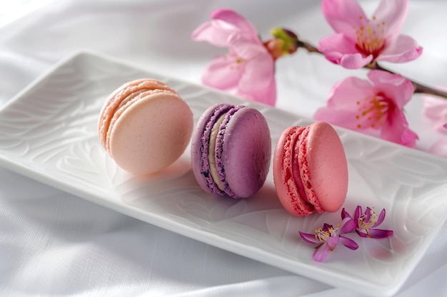 Photo white plate with three macarons