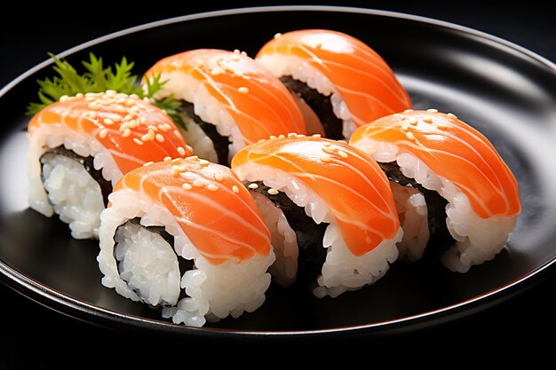 White plate with tuna and salmon sushi on a blue background