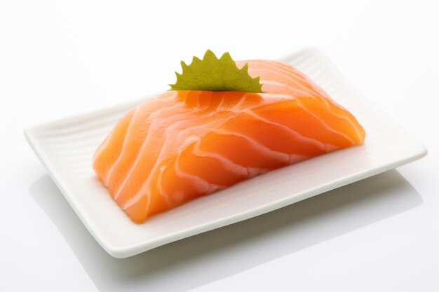 White plate with tuna and salmon sushi on a blue background