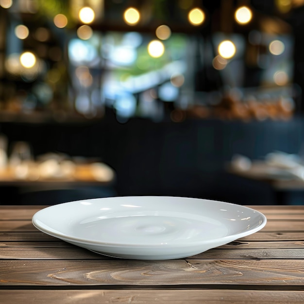 a white plate on a wooden table with a white plate on it