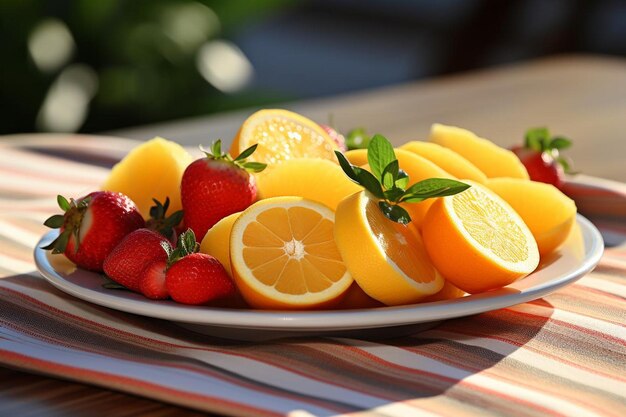 A white plates of fresh fruits on tablecloth