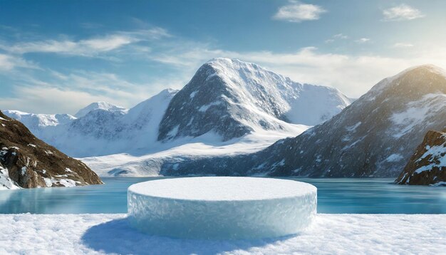 White platform surrounded by snow and ice Podium stage for product presentation or advertising