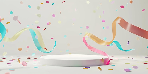 A white platform with colorful ribbons and confetti in front of a white background