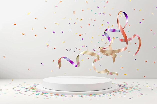 White platform with confetti and ribbons in the air