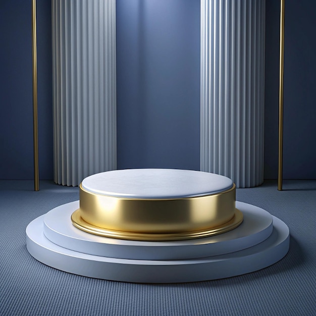 White platform with a golden metal frame and a round platform on a soft background