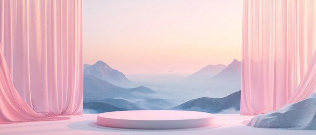 White Platform with Pink Curtains Against a Mountainous Landscape