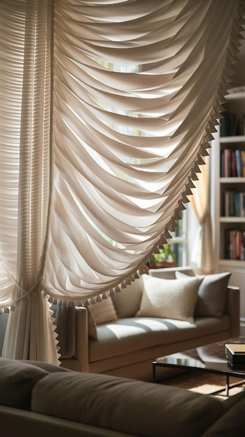 White pleated curtn in a living room