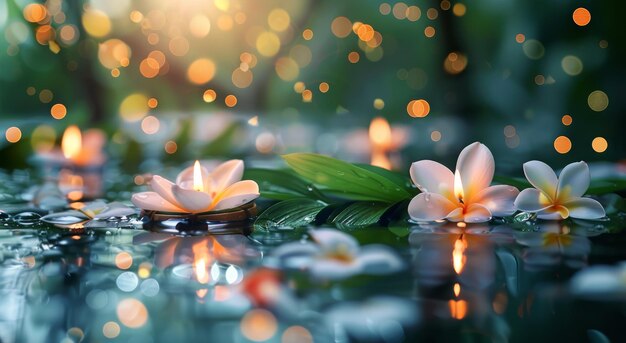 Photo white plumeria flowers floating on water with lit candles in the background