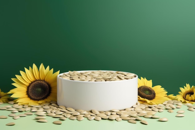 white podium close shot green backg studio with sunflower seeds