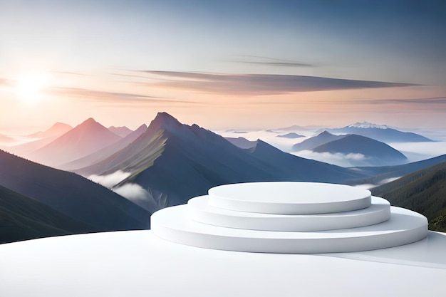 A white podium in front of a mountain landscape with a sunset in the background