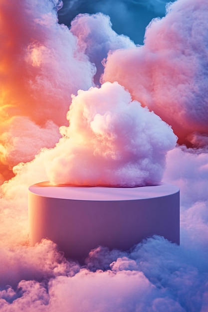 Photo white podium is emerging from a colorful fantasy cloudscape at sunset