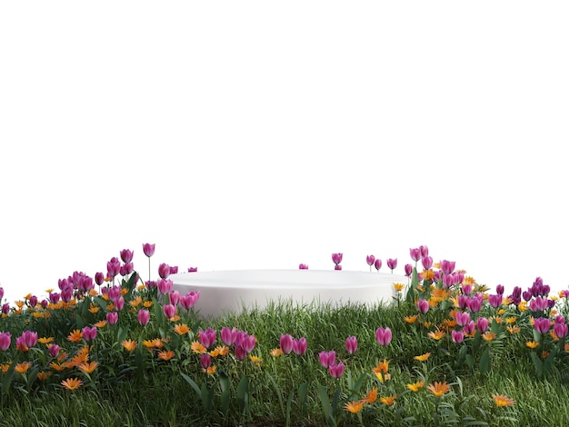 White podium in meadow for product presentation and on transparent background