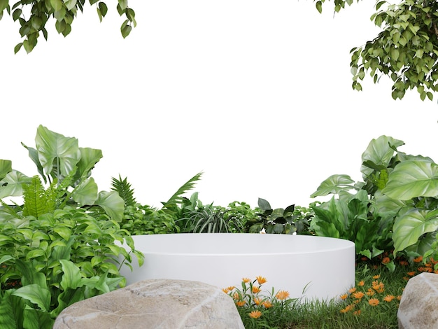 White podium in meadow for product presentation and on transparent background