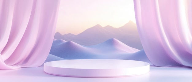 White Podium Between Pink Curtains with Snowy Mountain Background