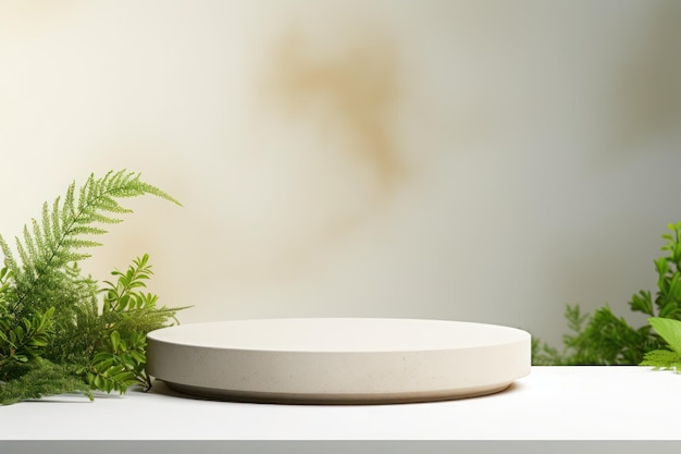 White podium plate on a white table with ferns around it