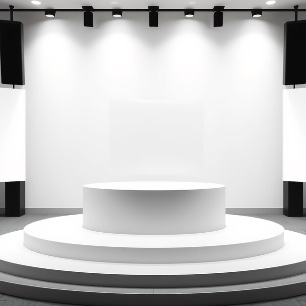 White podium platform with spotlights and blank space for product presentation