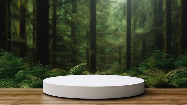 White podium for product display with forest background