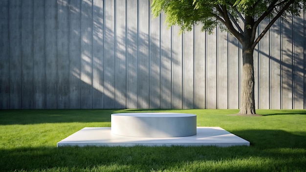 White podium for product on lawn with tree shadow and concrete wall 3d rendering