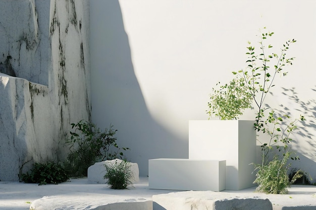 White podium for product presentation in front of a white wall with plants