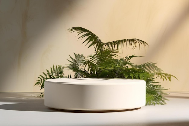 White podium for product presentation with ferns on white table