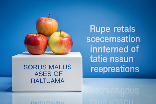 Photo white podium in rectangleshaped decorated with apples over a blue background apple malus domestica helps to inhibit the increase of sebum secretion