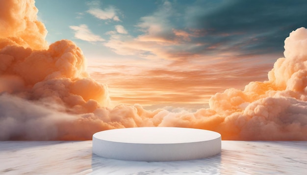 White podium sits on a white surface in front of a sky filled with clouds Minimal scene for product presentation or advertising