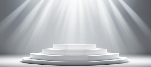 A white podium under the spotlights on a solid gray backgroundSpherical podium of steps for product