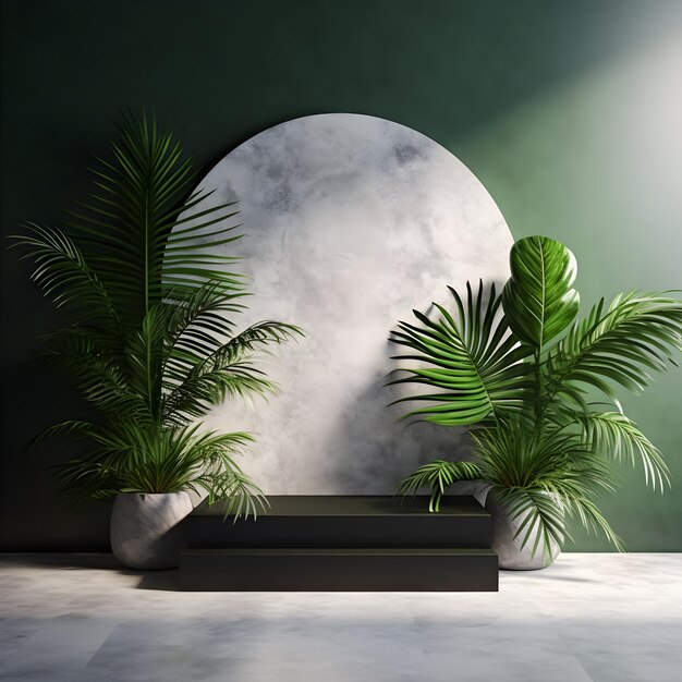 White podium stage with green tropical palm leaves for product presentation