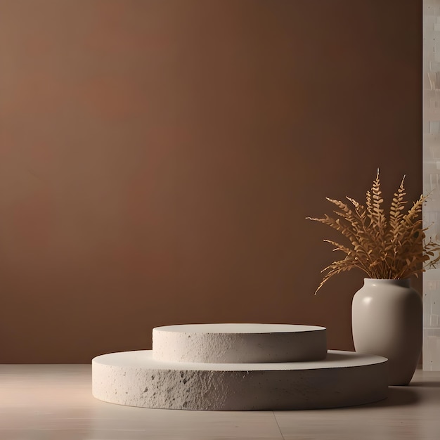 a white podium and white vase with a plant for product presentation