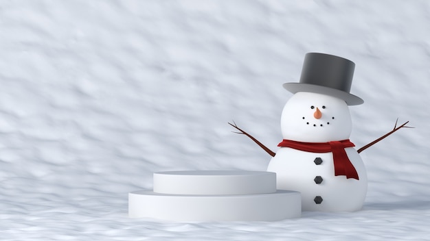 White podium in winter with snowman