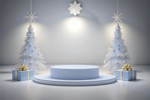 white podium with asthetic christmas background