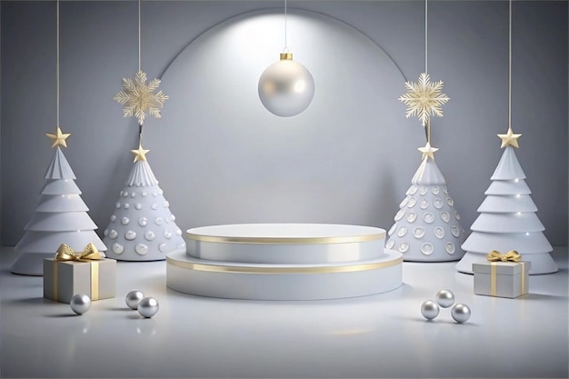 white podium with asthetic christmas background