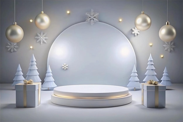 white podium with asthetic christmas background