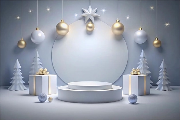 white podium with asthetic christmas background