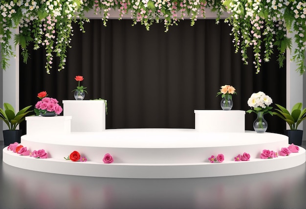 Photo white podium with black backdrop and flower decorations