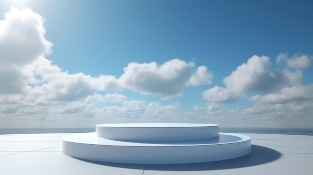 A white podium with a blue sky and clouds in the background.