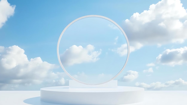 White podium with a circle shaped arch against a cloudy blue sky