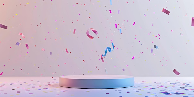 A white podium with confetti falling around it against a light pink background