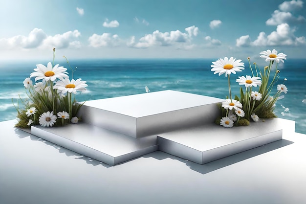 White podium with daisy flowers and sea background