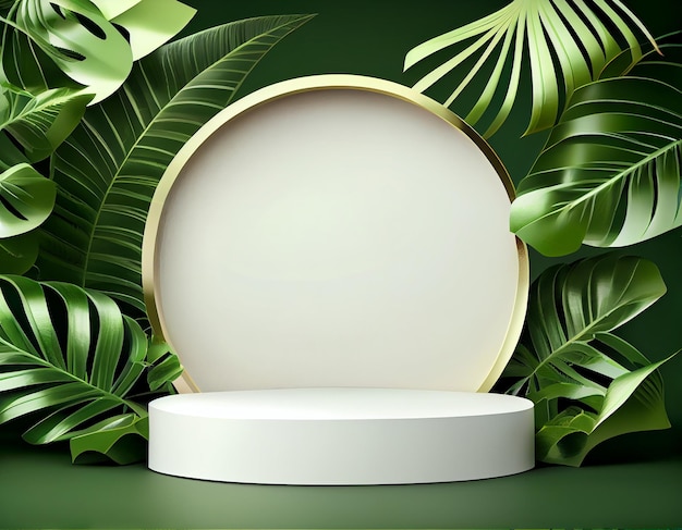 A white podium with a large white circle in front of green leaves.