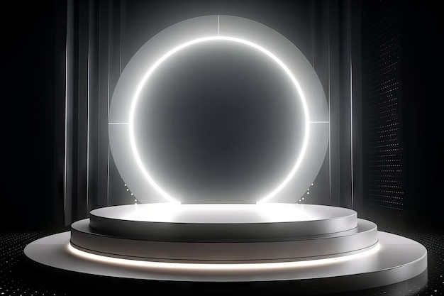 White podium with light beams in the style of circular shapes Generative ai