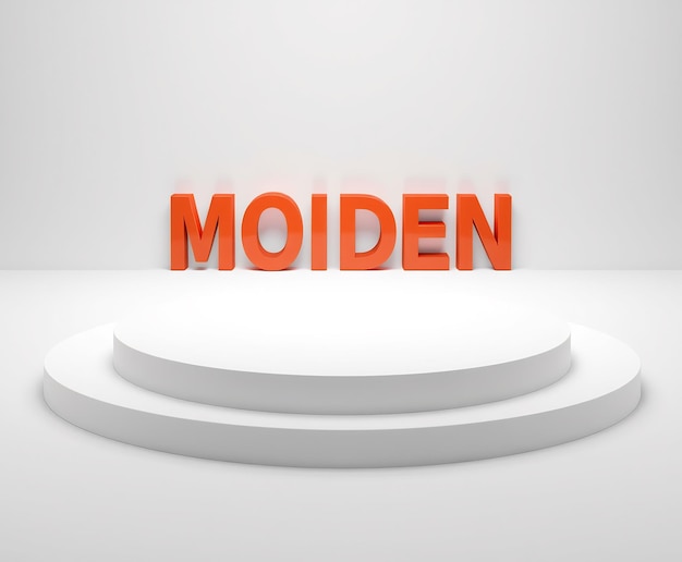 Photo white podium with orange letters spelling moidien in front