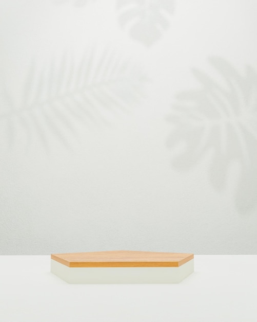 white podium with shadow background with wood stage