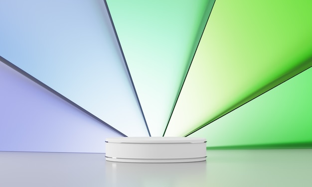 White podium with silver ring, stained glass backdrop overlapping triangular shape, abstract background. 3d rendering