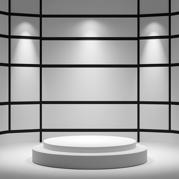 Photo white podium with two steps in front of a white wall with black stripes and spotlights