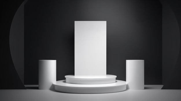 A white podium with a white banner on it