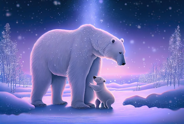 White polar bear with cub